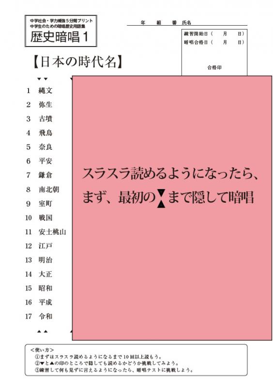 Tossオリジナル教材 Dl版 新版 中学社会 学力補強5分間プリント 中学生のための暗唱歴史用語集